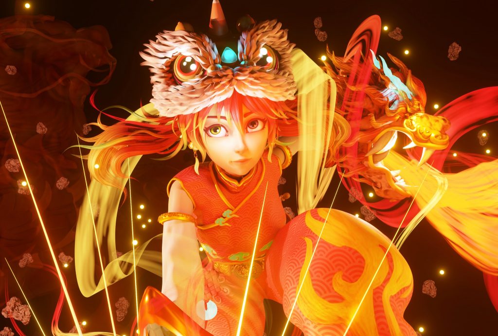 中學組金獎作品(醒獅靈童)，將醒獅帽作為配飾傳遞生命力的畫面，由高一正班朱芷澄與初三善班陳靜美共同製作
