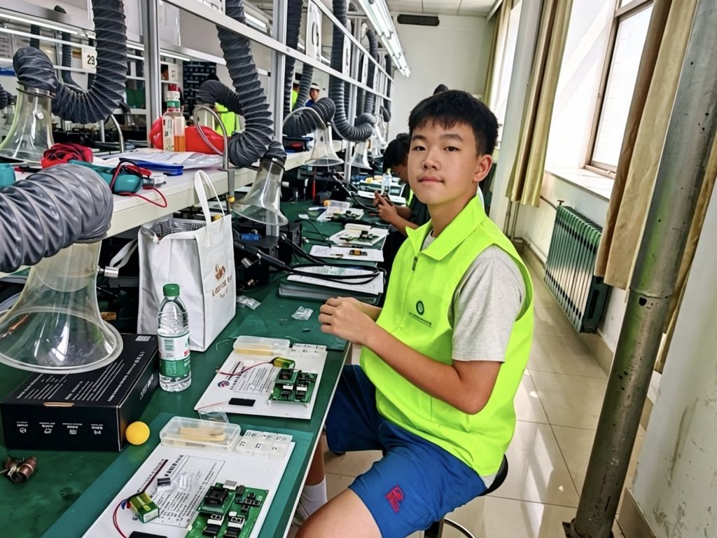 陳樂祈在電子組件拆焊專業級實操比賽工作台前。